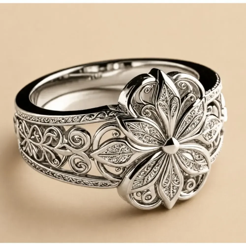 Stainless Steel Floral Ring Size 8.75 Carved Floral Design Thicker Band Pretty
